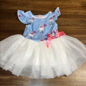 New Pete + Lucy Blue and White Tutu Dress with Pink Bow baby girl 0-6m